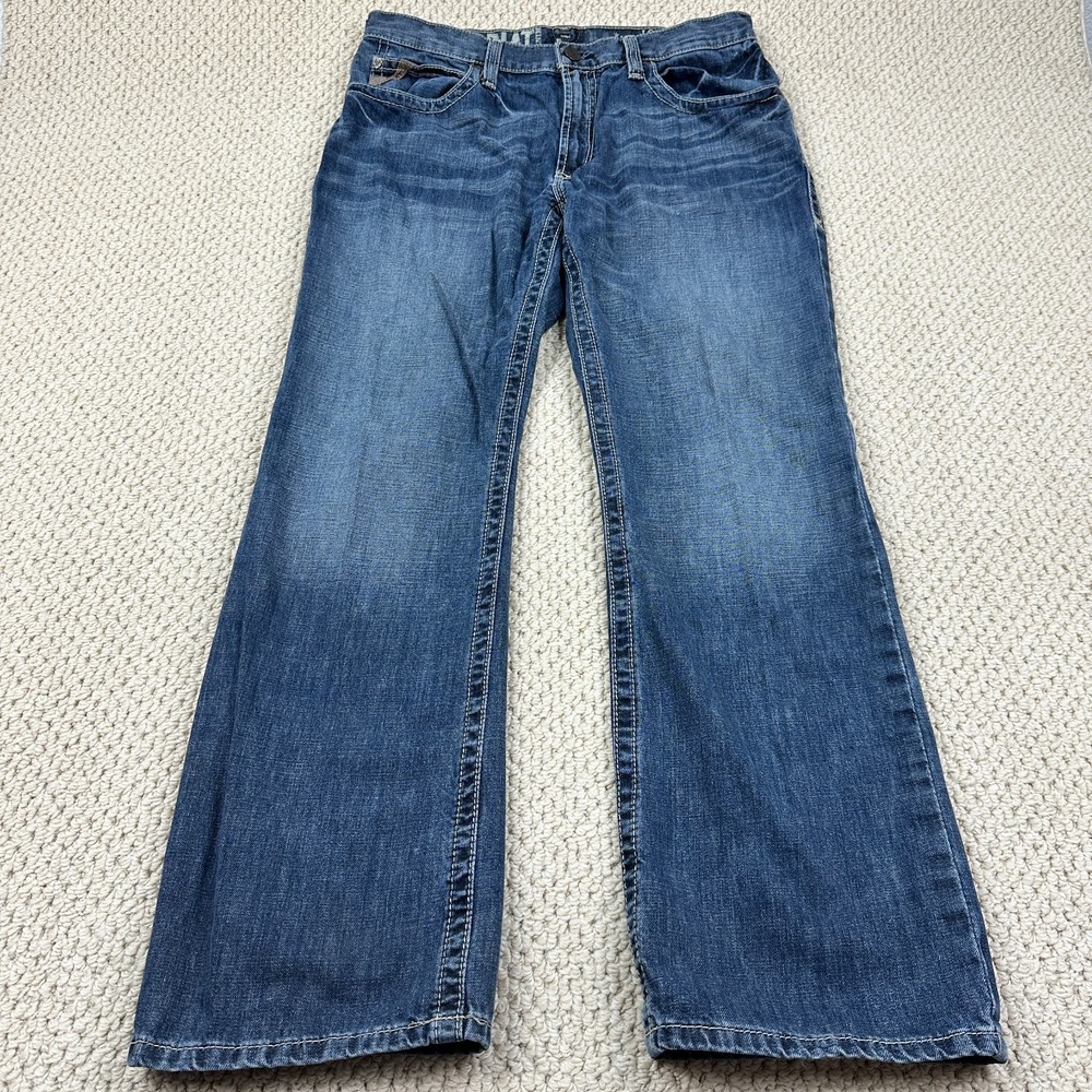 Ariat M4 Jeans Men 34x32 Blue Washed Low Rise Boot Cut Stretch Whiskered Western